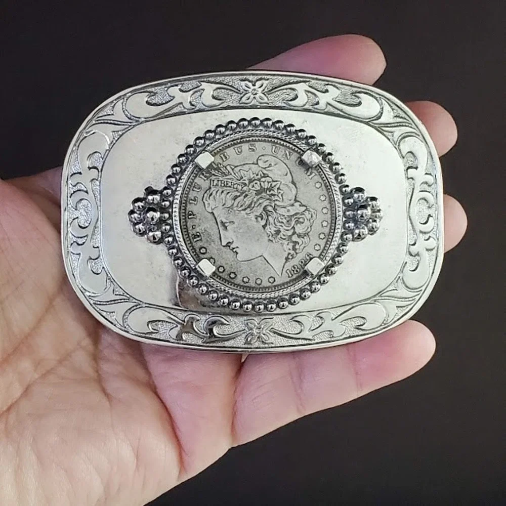 Western Scroll Silver Tone Belt Buckle Paper Silver Dollar Insert Add your Coin
